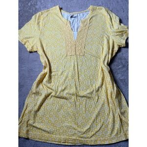Basic Editions Yellow White Floral Crochet Lace Split Neck Cotton Top Small